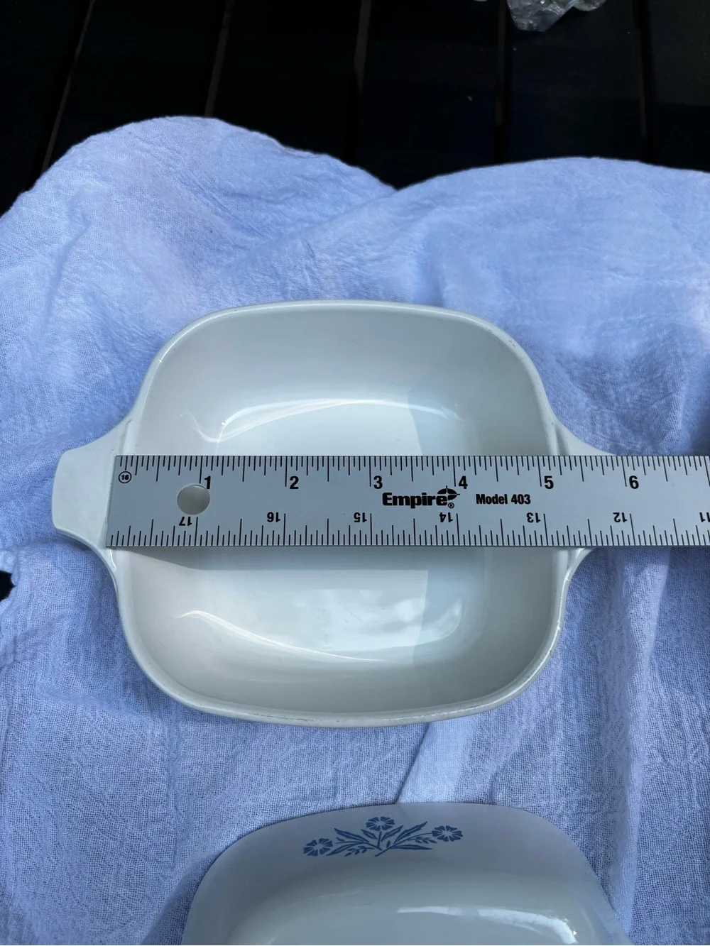 Corningware White Ceramic Petite Pan P-41 Baking Dish with Blue Floral Pattern.